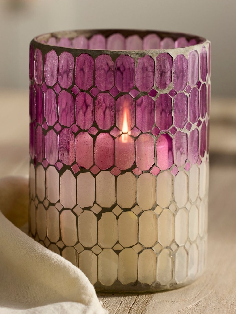 Anthropologie Block Mosaic Hurricane Lantern pink white